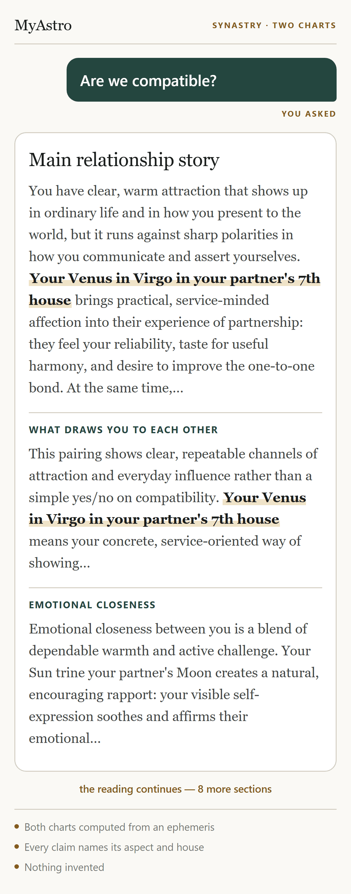 A synastry reading on a phone: the question “Are we compatible?” followed by the answer, with planets, signs and house placements named in the text.
